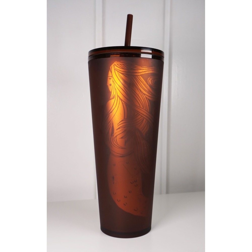 Starbucks Pike Place Market Venti Tumbler w/Straw Amber Brown Mermaid Soft Touch